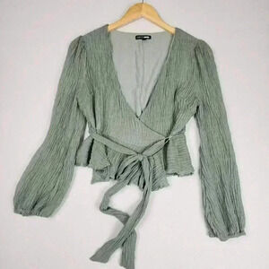 Fashion Nova Women's Green Long‎ Sleeve Large V Neck Tie Wrap Blouse Short Crepe